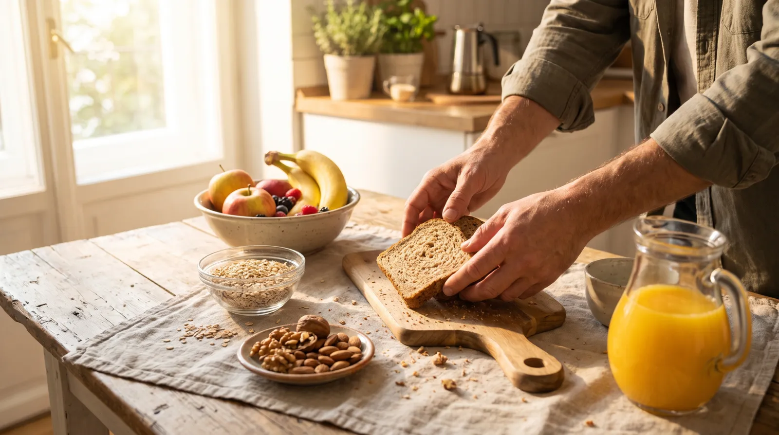Frühstückstisch mit Obstschale, Haferflocken, Nüssen und Orangensaft im Morgenlicht statt alle Vitamine in einer Tablette