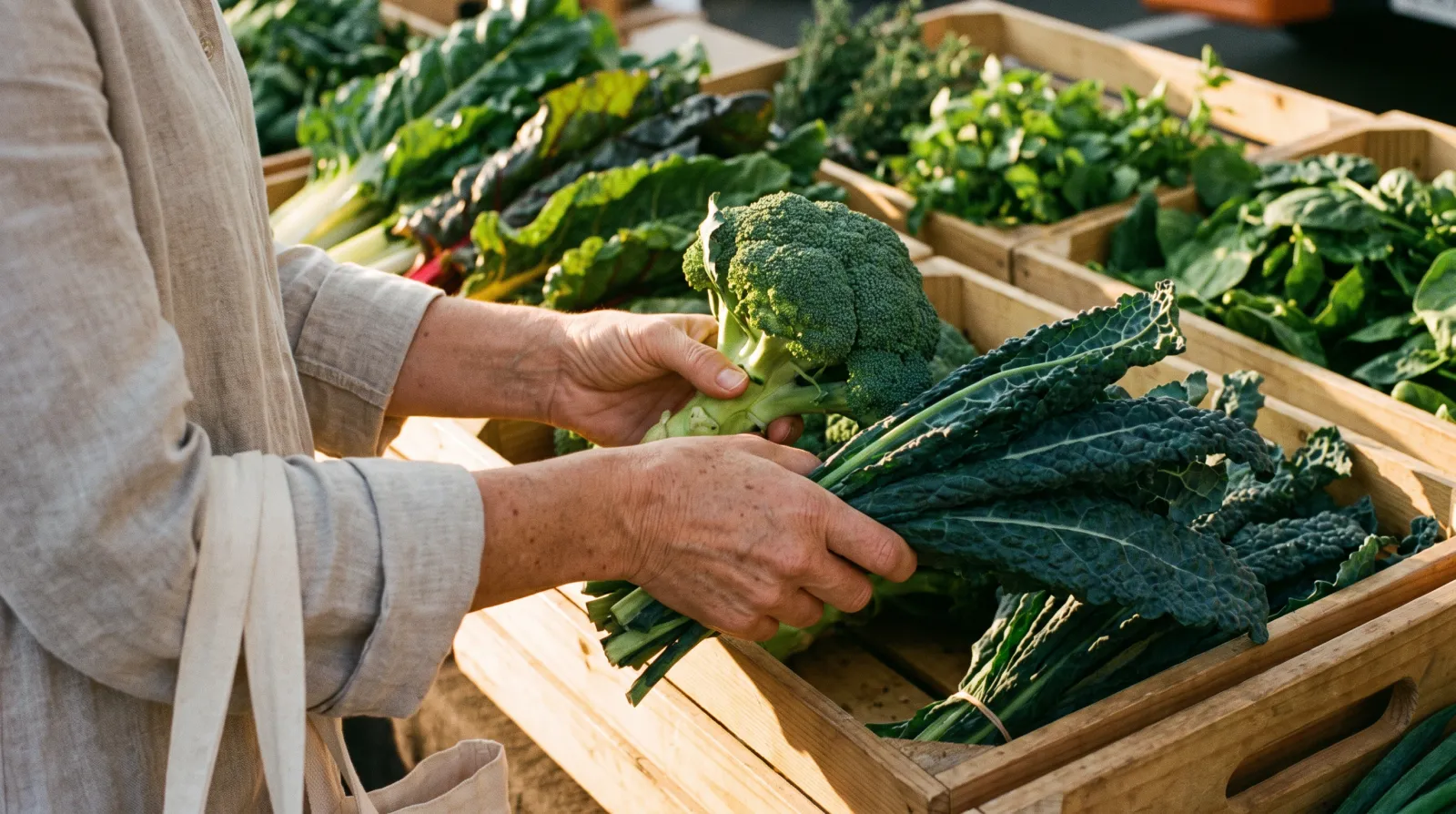 Beste Nahrungsergänzungsmittel für Frauen: Frau wählt an einem Marktstand im warmen Abendlicht Brokkoli und Grünkohl aus
