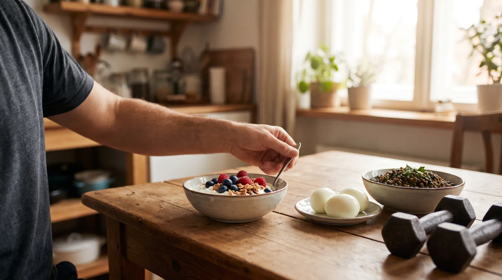 Eier, Quark, Linsen und zwei Kurzhanteln auf einem Holztisch im warmen Morgenlicht, Thema beste Supplements für Muskelaufbau