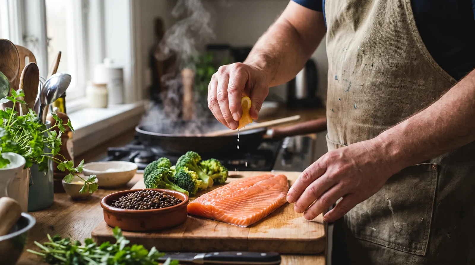 Lachs, Brokkoli und Linsen auf einem Holzbrett in warmer Küche: die 10 besten Nahrungsergänzungsmittel ergänzen den Teller