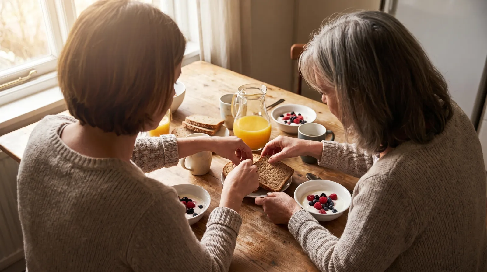 Mutter und Tochter beim Frühstück mit Joghurt, Beeren und Vollkornbrot: die wichtigsten Vitamine für Frauen vom Teller