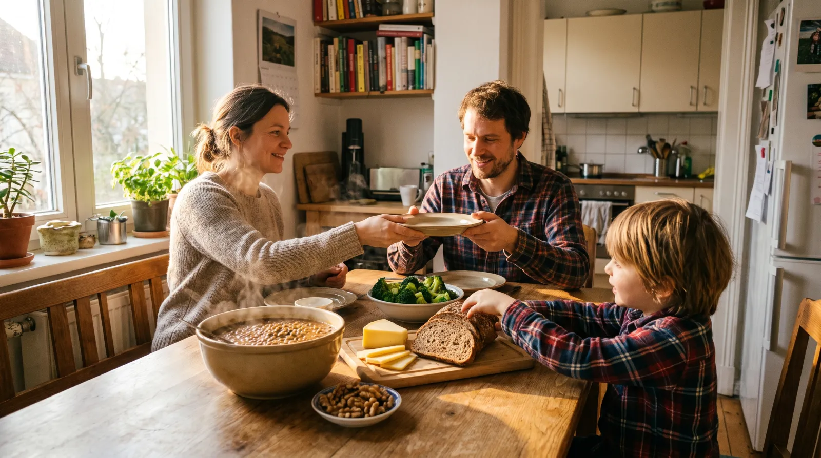 Familie am Holztisch beim Abendessen mit Linsen, Käse, Brokkoli und Nüssen im warmen Licht, Mineralstoffe aus Lebensmitteln