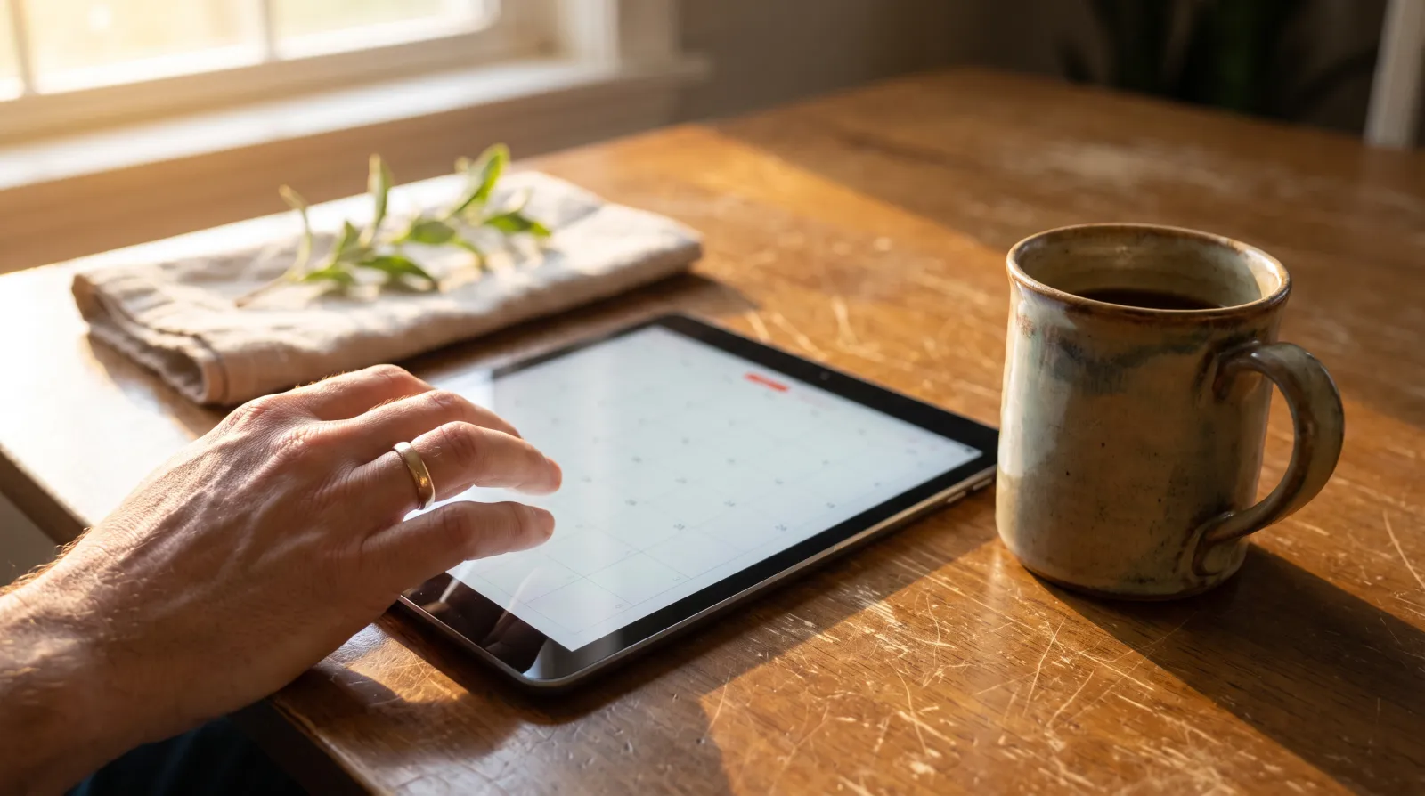Hand auf einem Tablet mit Monatskalender neben einer Kaffeetasse am Holztisch im Morgenlicht, Planung für das Vitamin-Abo