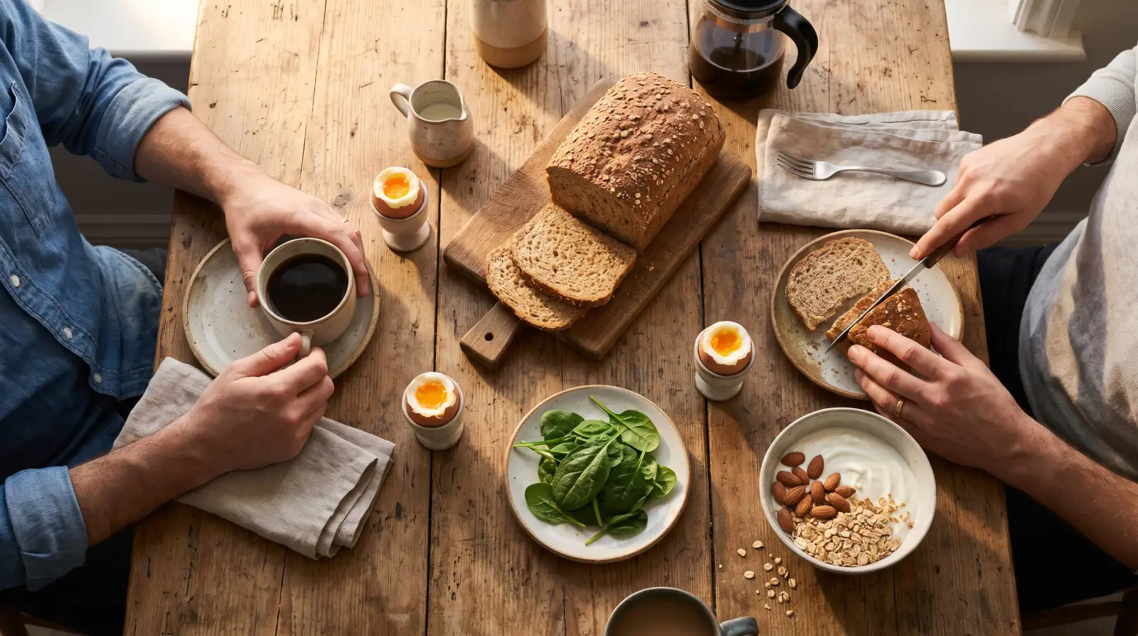 Zwei Erwachsene am Frühstückstisch mit Vollkornbrot, Eiern, Joghurt und Nüssen, Thema Vitamin B Komplex