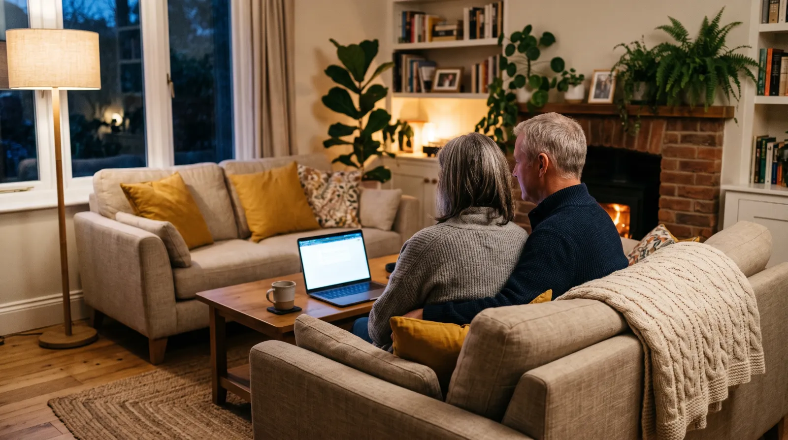 Paar sitzt im warmen Licht einer Stehlampe auf dem Sofa und beantwortet am Laptop Fragen für einen Vitamin-Mix
