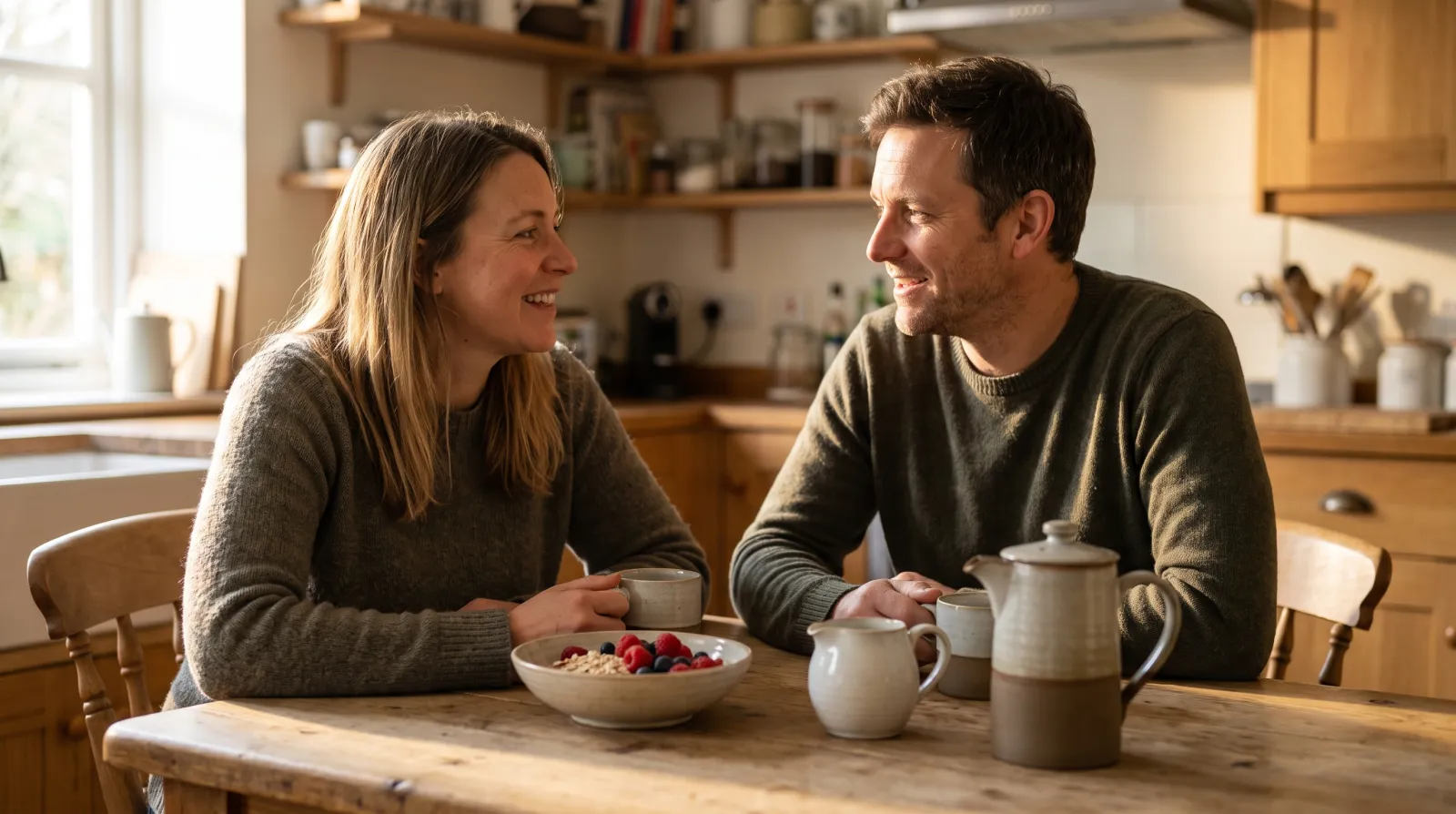 Paar beim Frühstück am Holztisch mit Haferbrei, Obst und Kaffee im warmen Morgenlicht, gute Tageszeit für Vitamine