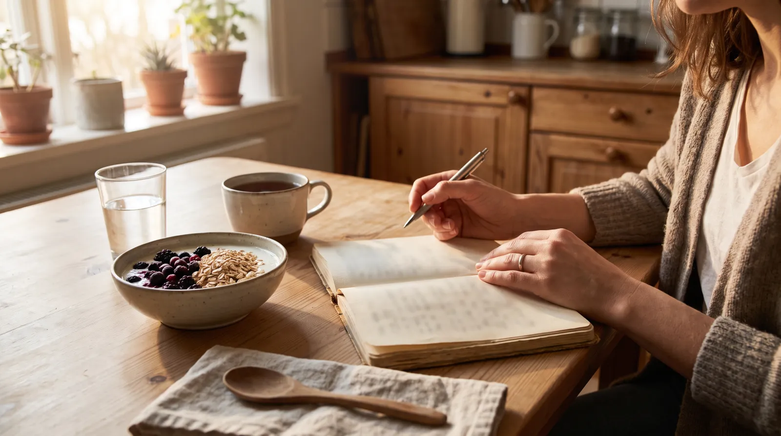 Frau mit Notizbuch am Frühstückstisch, die ihre Vitamine individuell zusammenstellen möchte, in warmem Morgenlicht