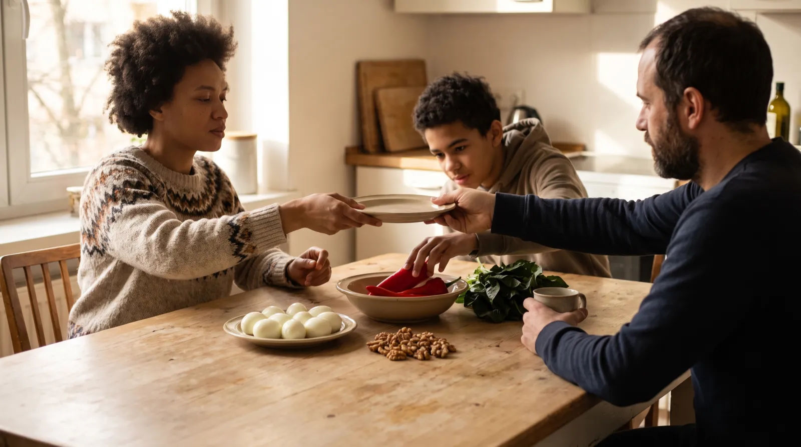 Familie am Küchentisch mit Paprika, Nüssen, Eiern und Blattgemüse im Morgenlicht, Lebensmittel aus der Vitamine Tabelle