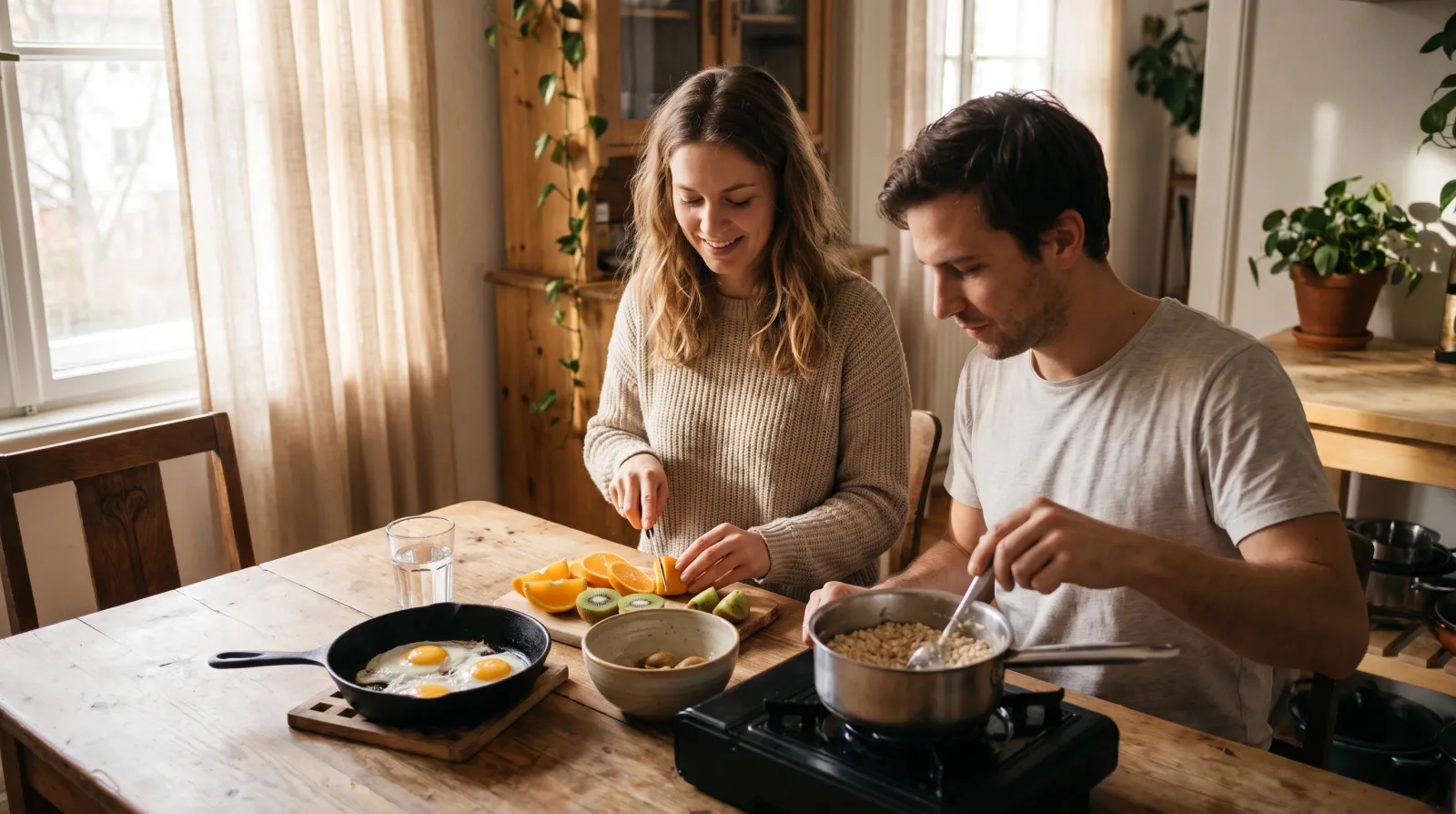 Paar bereitet am Küchentisch Frühstück mit Obst, Haferflocken und Eiern zu, Morgenlicht fällt durch das Fenster