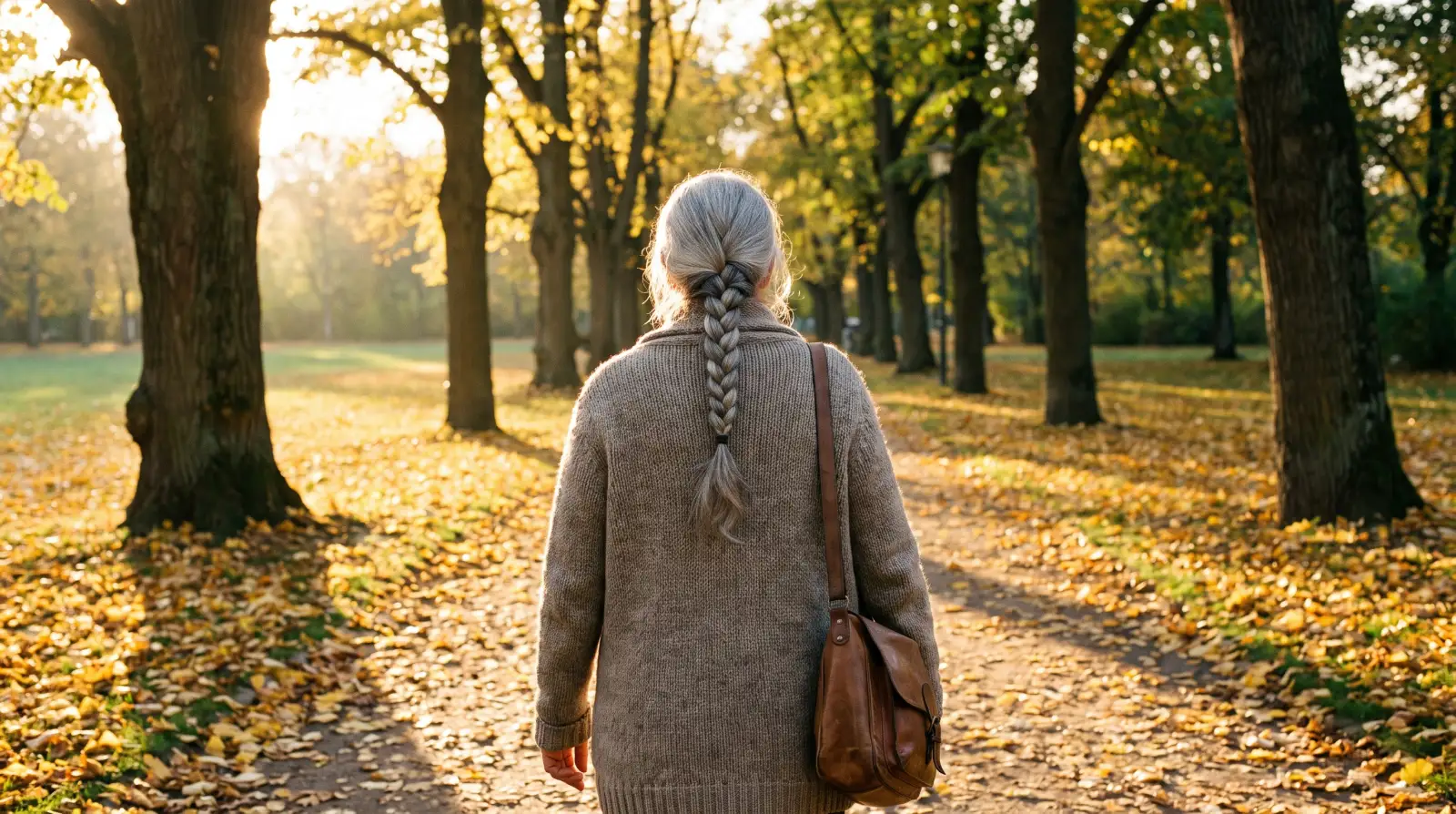 Wichtige Vitamine für Frauen ab 60: Frau mit grauem Haar spaziert im warmen Herbstlicht durch einen Park, von hinten