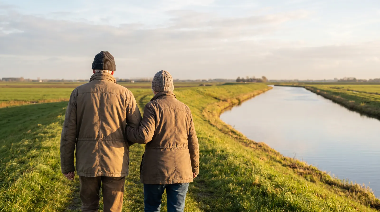 Echtpaar van rond de zeventig wandelt zij aan zij over een dijk in warme middagzon, beeld bij beste multivitamine 60 plus