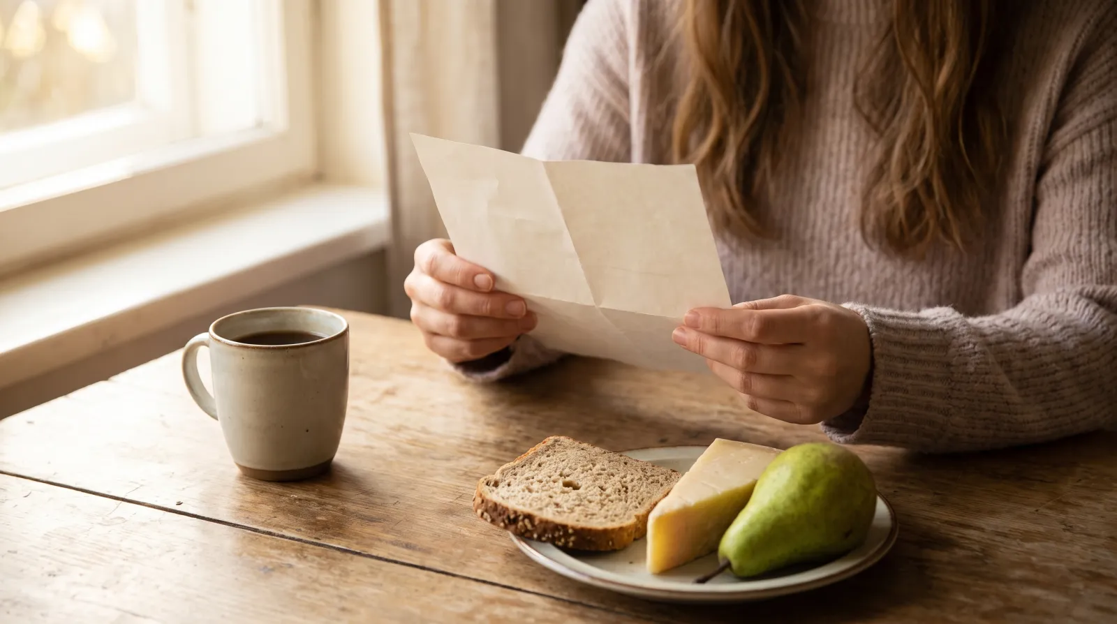 Vrouw van vijftig leest in de ochtendzon aan de keukentafel het etiket van de beste multivitamine vrouw 50 naast fruit