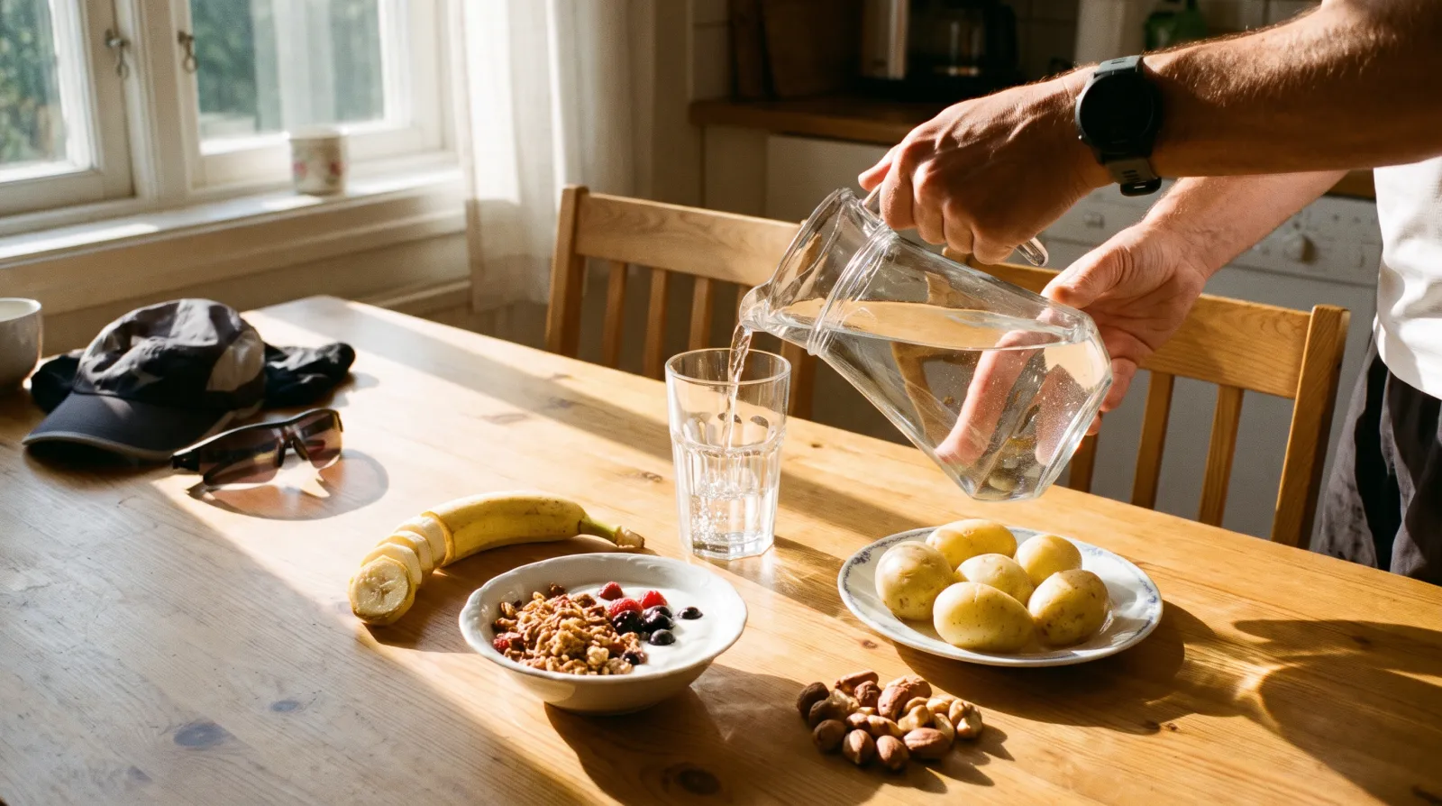 Elektrolyten na het fietsen: twee volwassenen rusten in de avondzon bij hun fietsen en drinken water uit een glazen fles