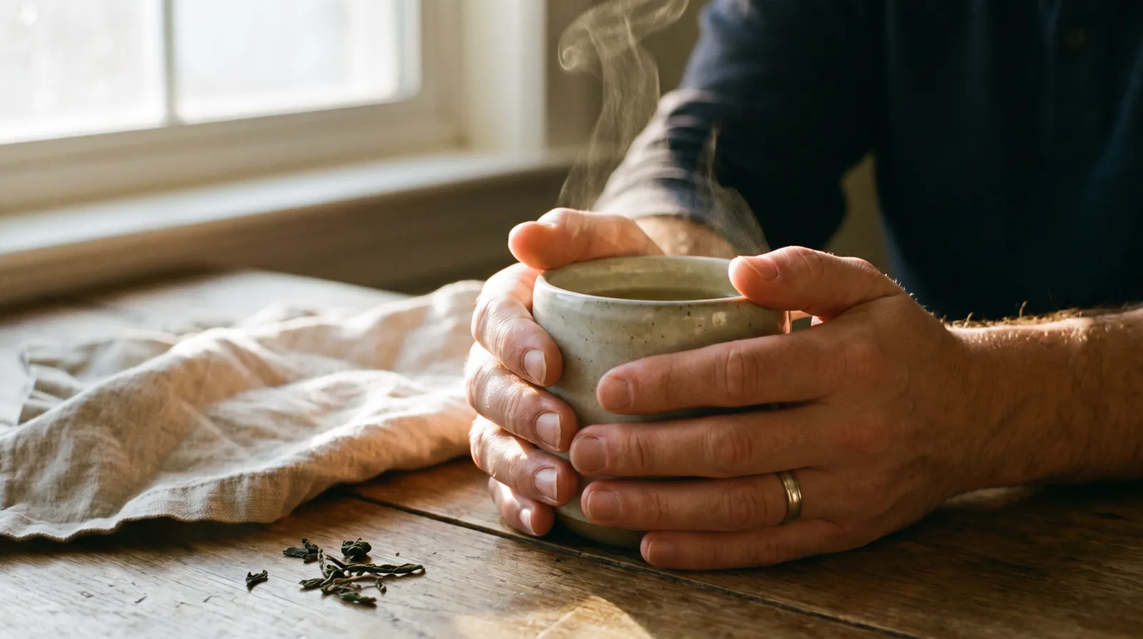 Handen rond een kop groene thee op een houten tafel in warm ochtendlicht, beeld bij groene thee extract gevaarlijk