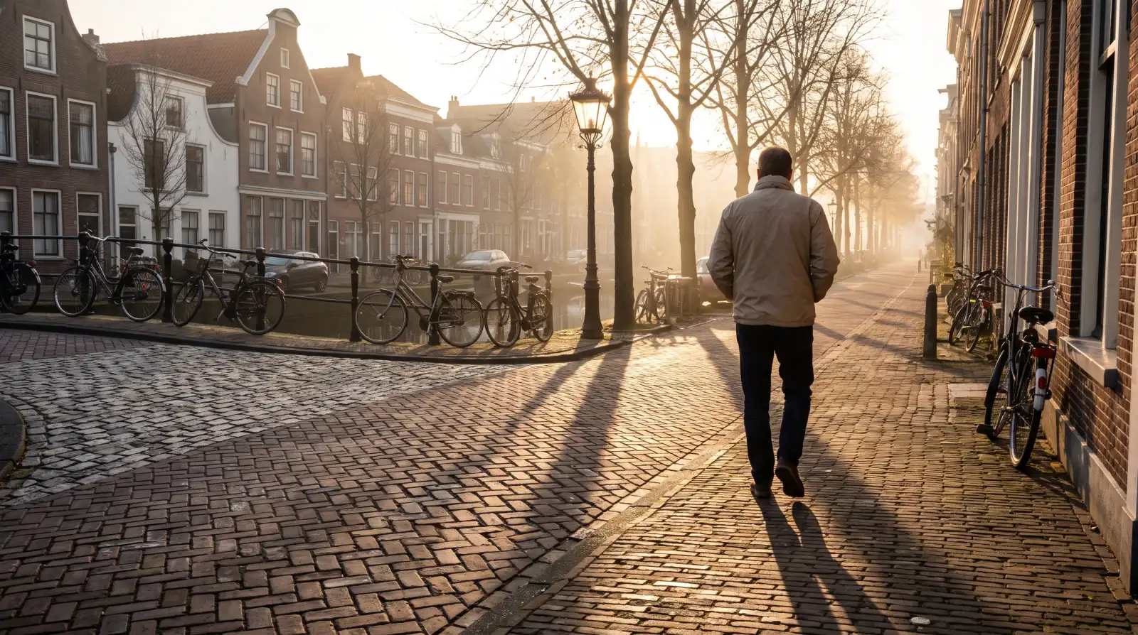 Man wandelt in de vroege ochtendzon langs een gracht, een nuchter alternatief voor een paardenmiddel tegen vermoeidheid