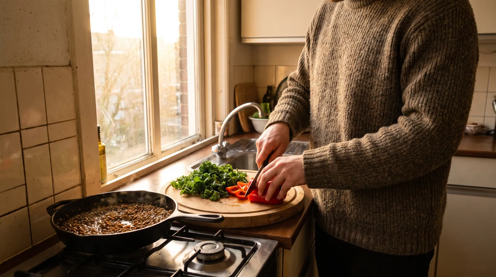 Vrouw schrijft bij het keukenraam in ochtendlicht over vermoeidheid en vitamine tekort, naast een kom havermout met fruit