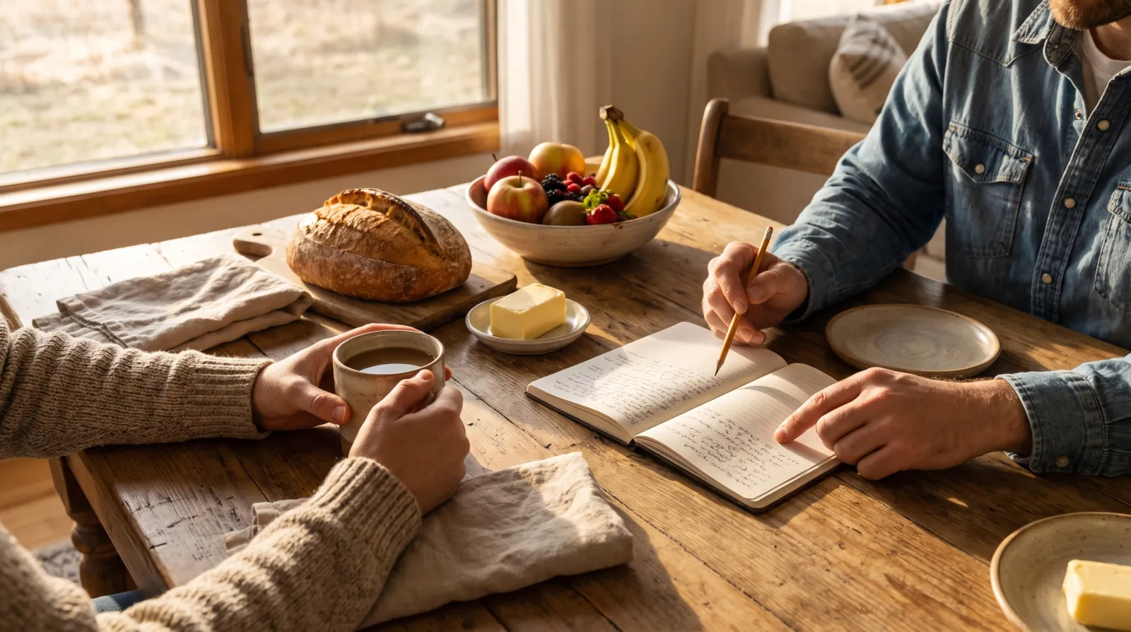 Twee mensen aan een ontbijttafel in warm ochtendlicht lezen de verpakking van vitamine supplementen naast brood en koffie