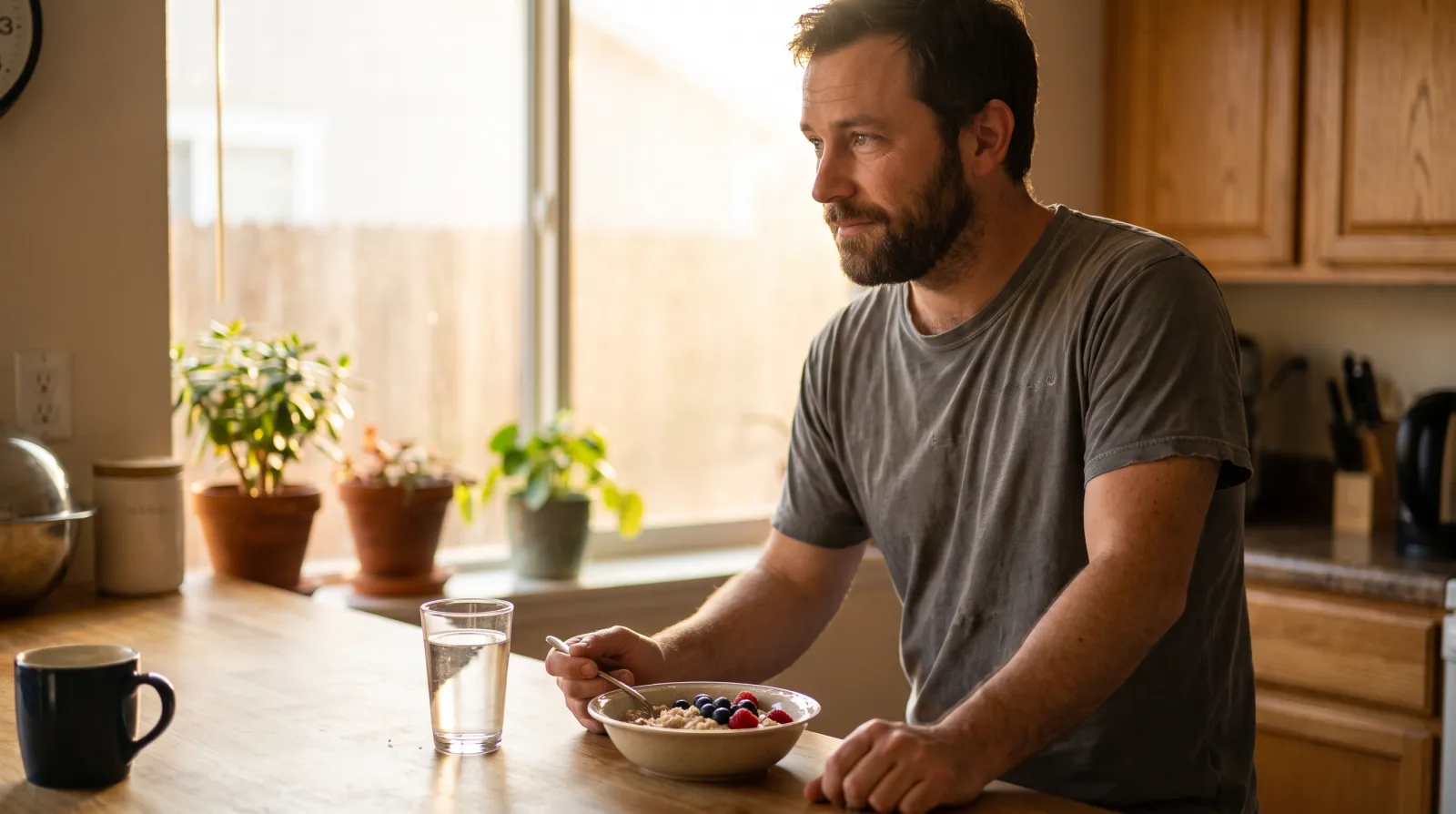 Man in een lichte ochtendkeuken met havermout, fruit en water, thema vitamine tegen vermoeidheid en stress
