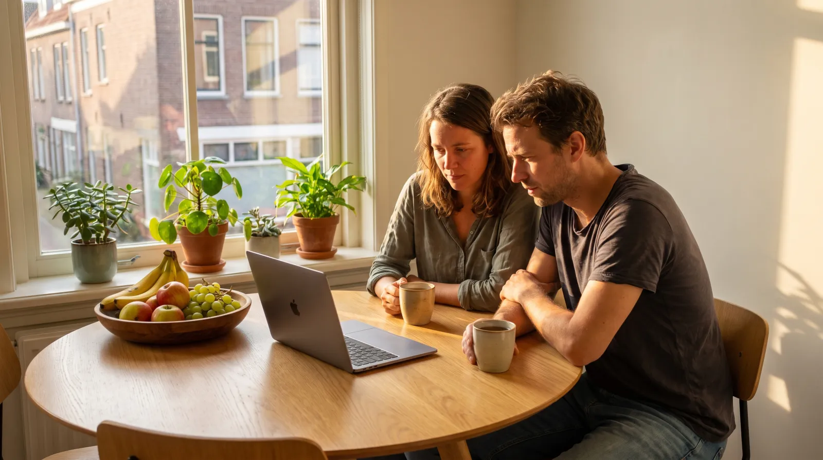 Vrouw en man vullen thuis aan de keukentafel in ochtendlicht op een laptop samen een vitamine test in