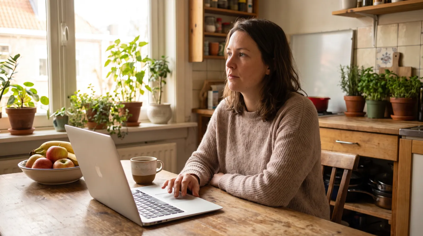 Vrouw vult aan de keukentafel in ochtendlicht op haar laptop de vragenlijst voor vitamines op maat in