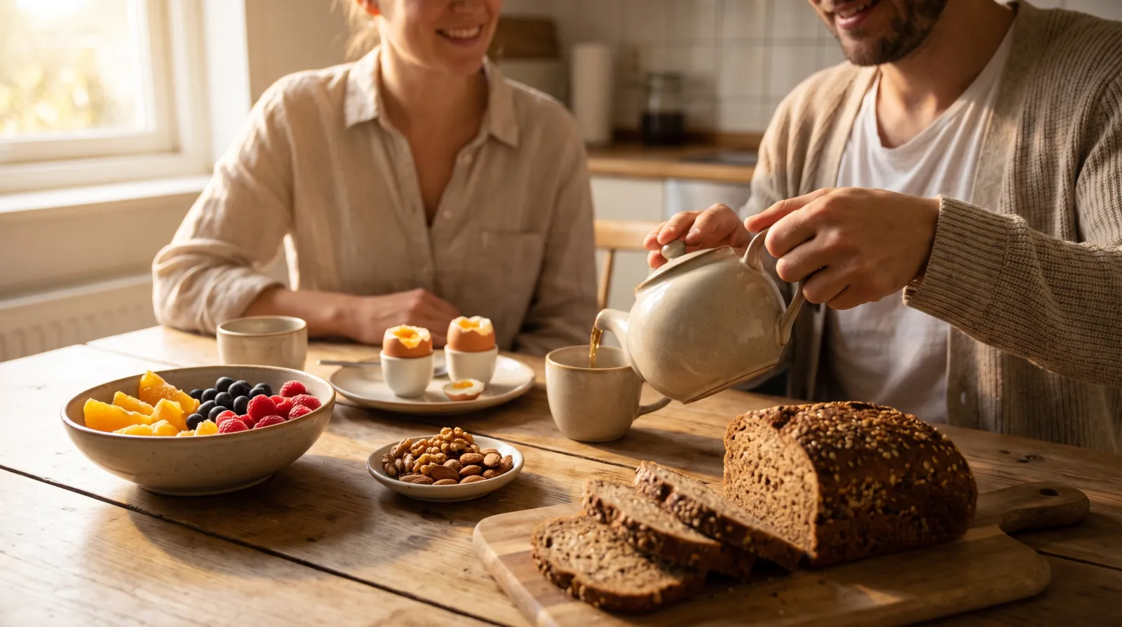 Ontbijt in warm ochtendlicht met fruit, eieren, noten en volkorenbrood op een houten tafel, bronnen van vitamines