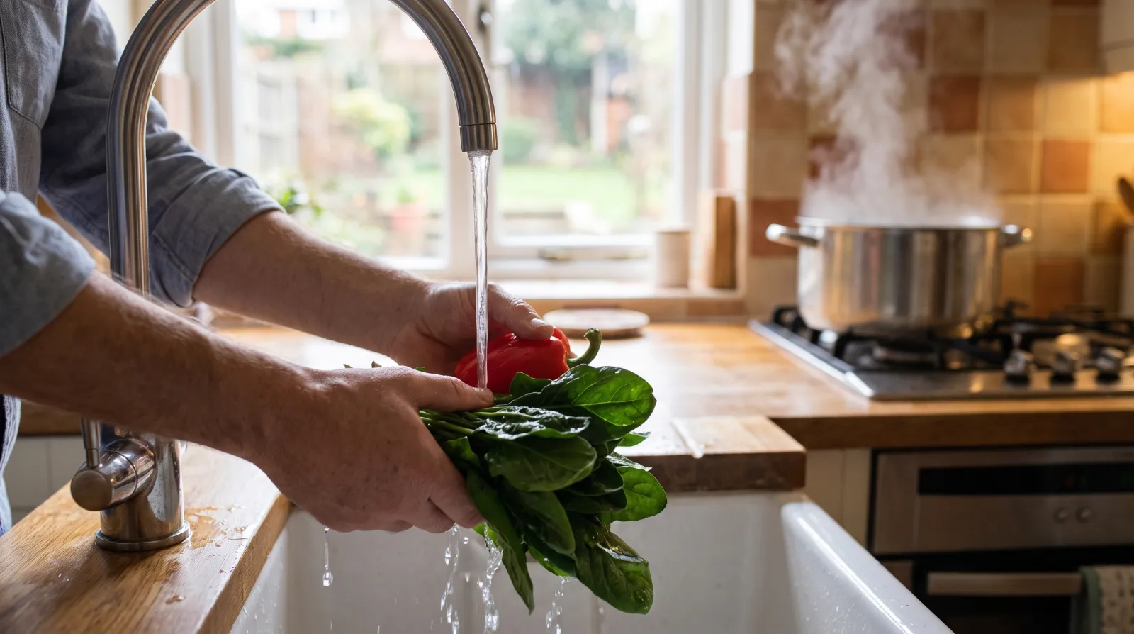 Handen spoelen verse paprika en spinazie onder de kraan in een lichte keuken, wateroplosbare vitamines uit groente