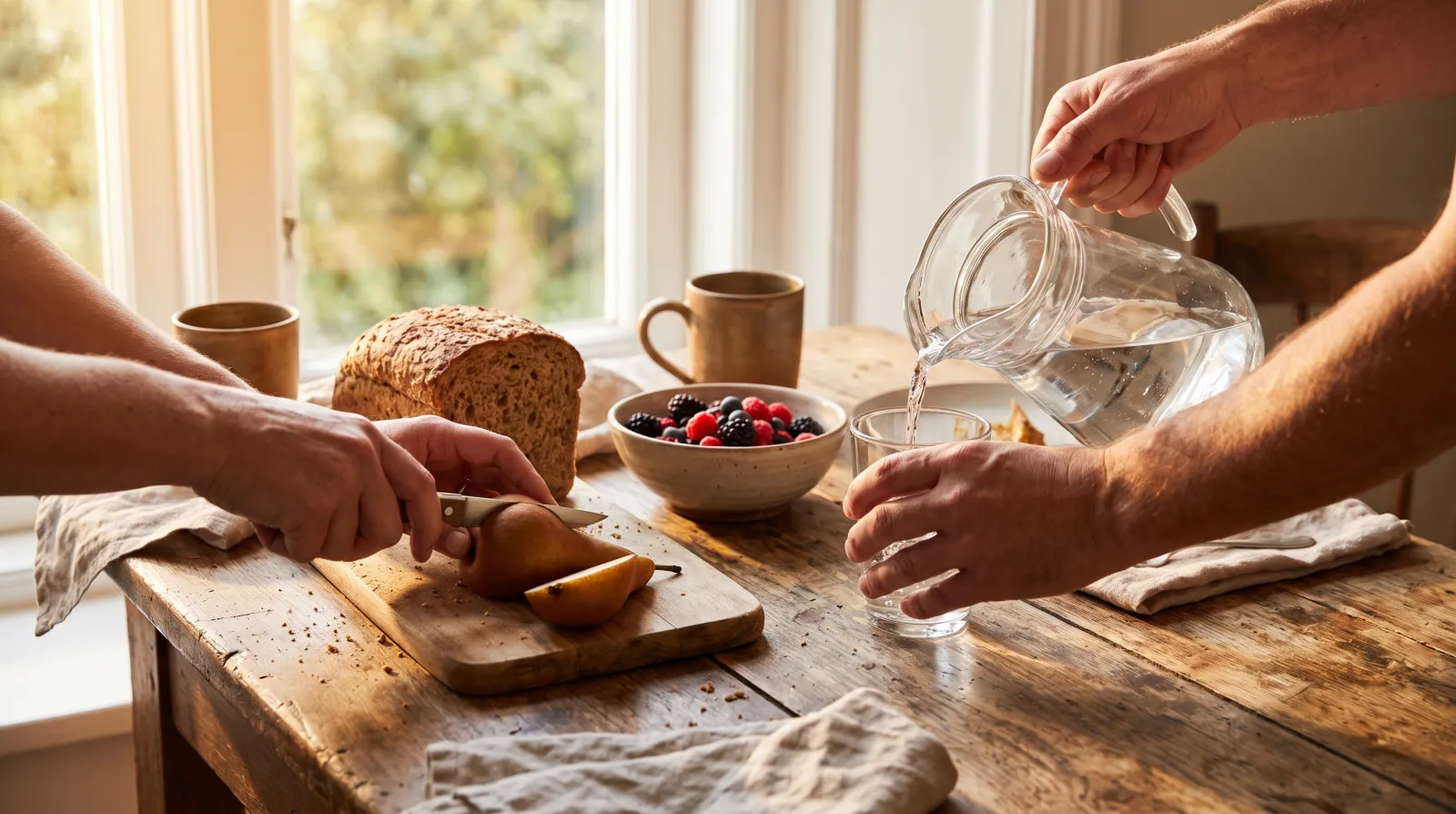 Twee mensen ontbijten samen bij het raam in warm ochtendlicht met fruit, brood en een kan water op tafel