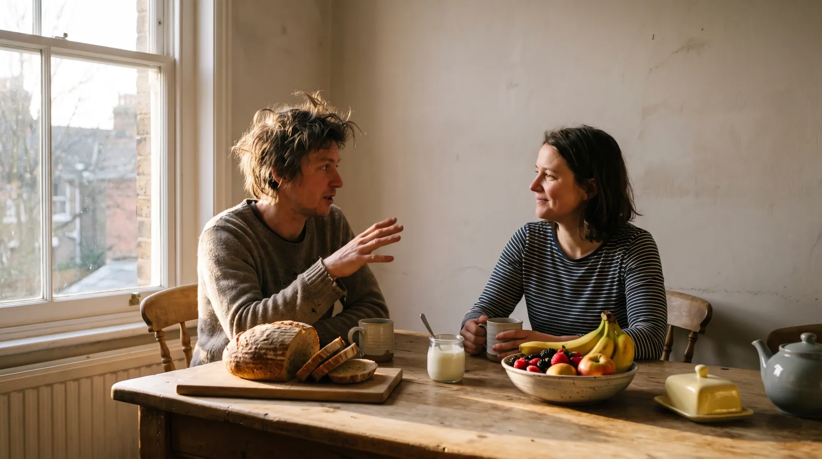 Stel ontbijt bij het raam en overlegt welke vitamines elke dag op tafel horen, met brood, fruit en thee