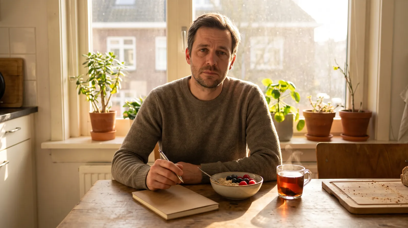 Man aan de keukentafel in het ochtendlicht noteert welke vitamines heb ik nodig bij vermoeidheid naast havermout en thee