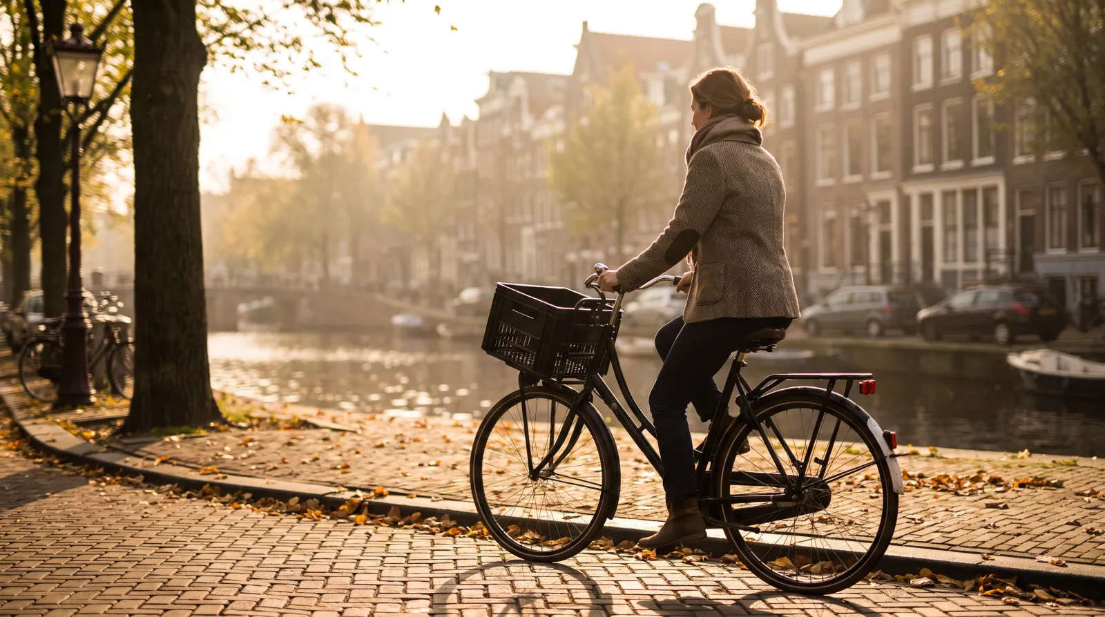 Vrouw van rond de vijftig fietst in de middagzon langs een gracht, beeld bij welke vitamines heb ik nodig in de overgang
