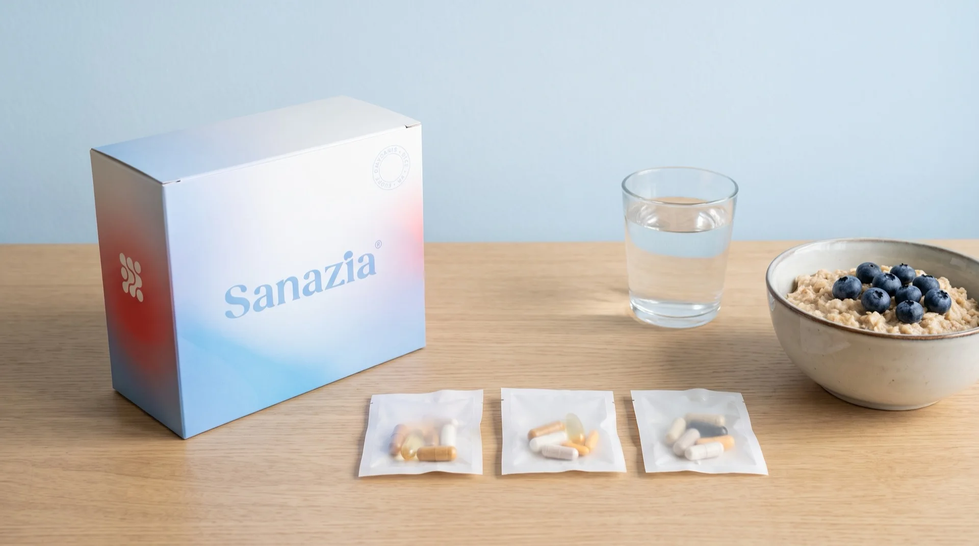Morning routine: Sanazia box, daily sachets, a glass of water and breakfast