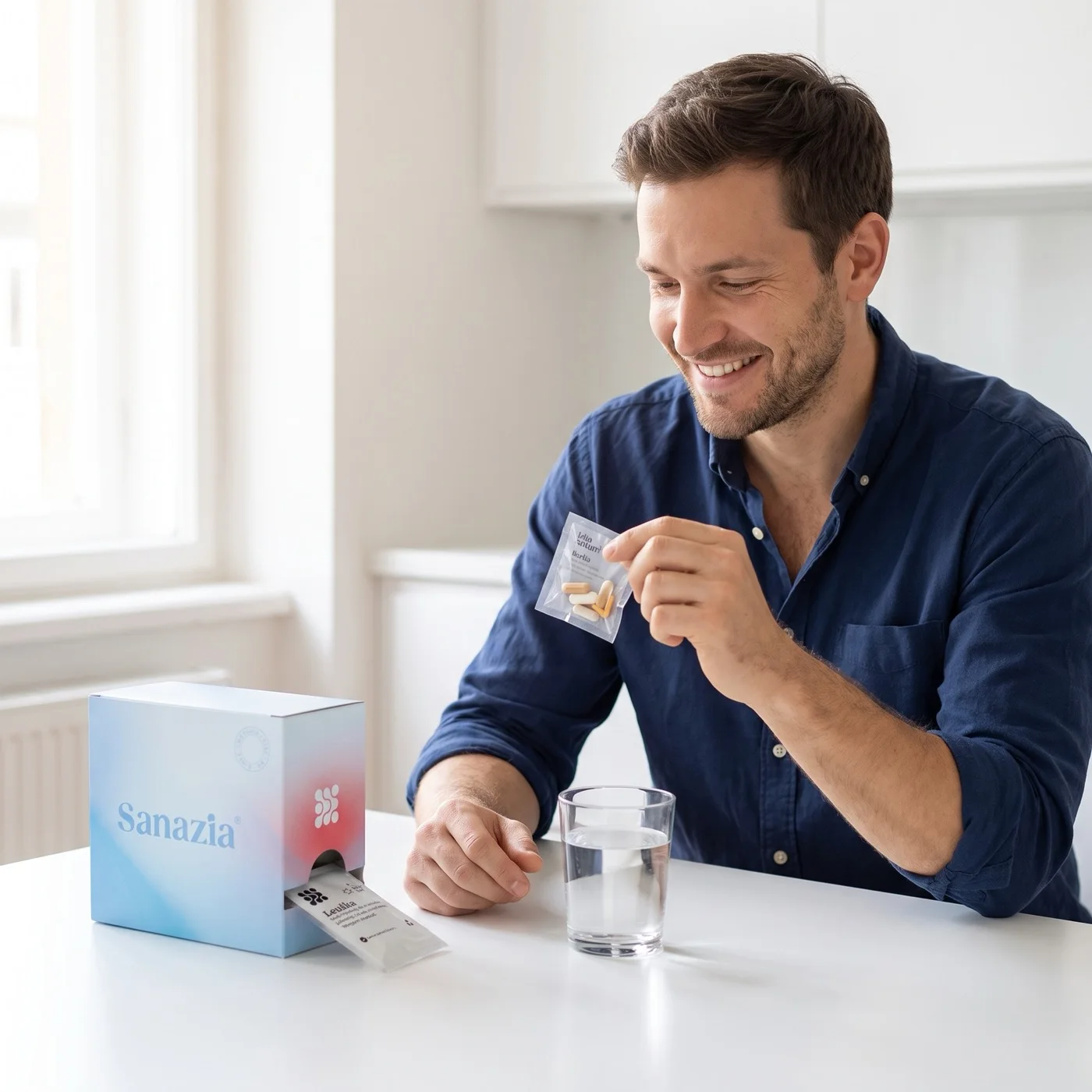 A man at breakfast holding a daily Sanazia sachet